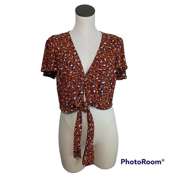 Beecool Tie Front Top Animal Print Cropped Womens Large - Picture 12 of 12